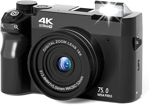 Zoomix Digital Camera Original Appareil Photo Numérique 4K Appareil Photo 75MP Zoom Numérique 18X Camera Vlog avec Flash Autofocus pour Les Débutants (Noir+64GB)