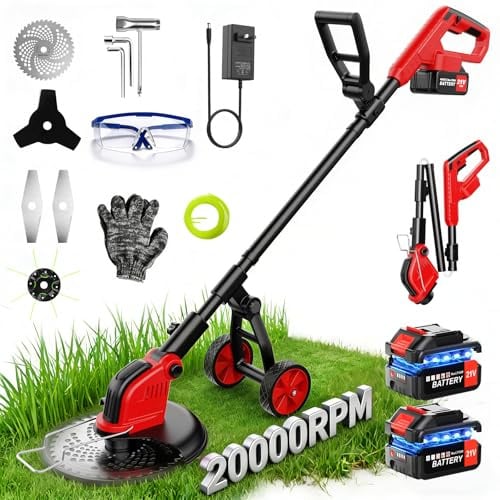 12 Pouces Debroussailleuse Electrique sans Fil avec Roue, 20000RPM Coupe Bordure sans Fil avec 2 Batteries 3000mAh et 4 Types de Metal Lames, Poignée réglable, Coupe Bordures pour Jardin et Pelouses