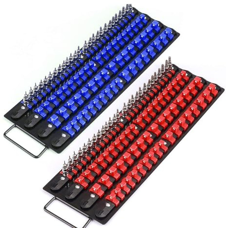 Multi Size Tool Organizers Tray 80 Slots Sturdy Construction Socket Storage Holders for 1/4 3/8 1 / 2Inch Sockets Portable Socket Rails Organizers with Red Clips