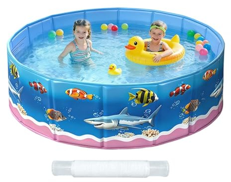 Matoebyr Aufstellpool für Kinder & Hunde mit Meeres-Design, 4-lagig verstärktes Planschbecken ohne Aufblasen, Faltbarer Gartenpool aus robustem PVC für Backyard Sommer Badespaß, Rund