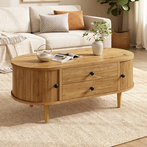 FammyLoft Ovaler Couchtisch mit Stauraum, Modern Coffee Table mit Schiebetüren & Vertikale Leisten, Klein Kaffeetisch mit 2 Schubladen für Wohnzimmer/Balkon/Schlafzimmer, Sofa Tisch, 100cm, Eiche