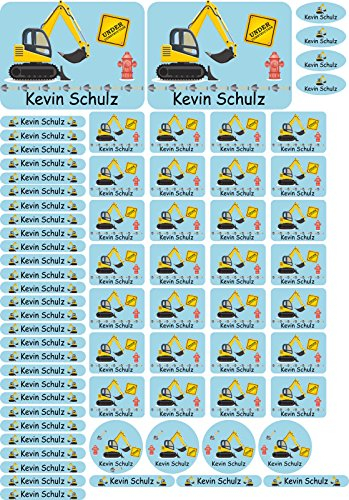 Namensaufkleber Kinder Schule Bagger - 69 Sticker - A4-Bogen - Namensetiketten selbstklebend - Aufkleber selbst gestalten - Kindergarten, KITA, Brotdose, Bücher, Federmappe, personalisiert