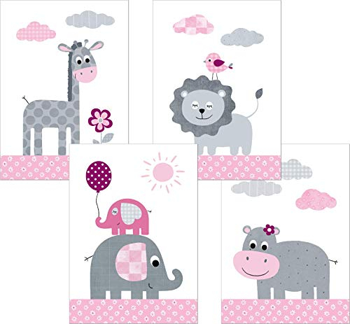 LALELU-Prints | A4 Bilder Kinderzimmer Deko Mädchen Junge | Zauberhafte Dschungel-Tiere rosa | Poster Babyzimmer | 4er Set Kinderbilder (DIN A4 ohne Rahmen)