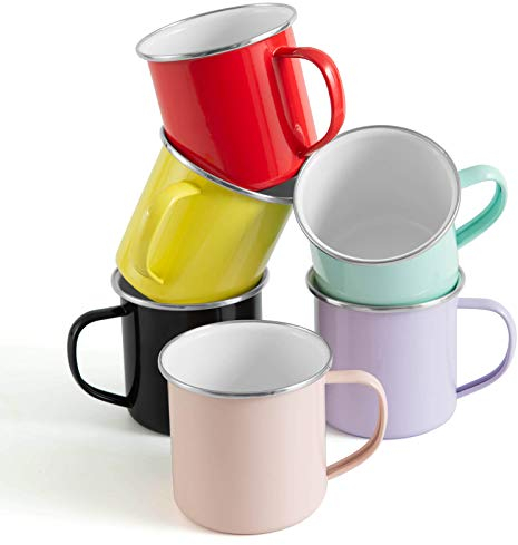 Rorence Camping Tassen Kaffeetassen 6er-Set, 350ml Bunte pulverbeschichtete Metall Camp Cups mit Henkel für Camping, Haus, Party, Büro, Mehrweg & Tragbar