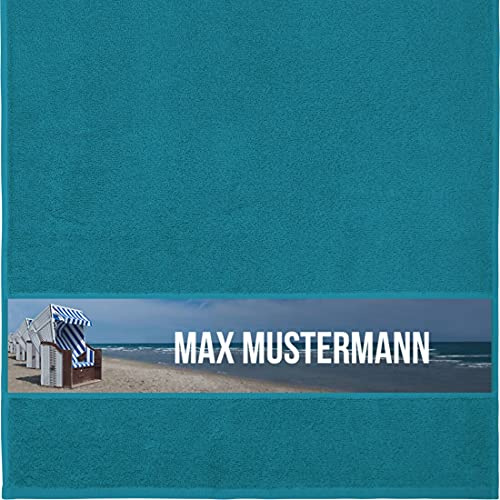 Manutextur Handtuch mit Namen - personalisiert - Motiv Strandkorb - viele Farben & Motive - Dusch-Handtuch - Petrol - Größe 50x100 cm - persönliches Geschenk mit Wunsch-Motiv und Wunsch-Name