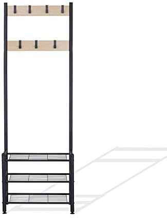 Rebecca Mobili Armoire à chaussures, Porte-manteau sur pied, Vintage, Métal aggloméré, Noir Beige, Pour l'entrée du couloir - Dimensions : 175 x 60 x 40 cm (HxLxP) - Art. RE6749