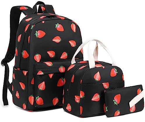 Mimfutu Schulrucksack Mädchen Rucksack Schule Kinder Schultasche Teenager Schulranzen mit Lunch Tasche Federmäppchen (Erdbeere)