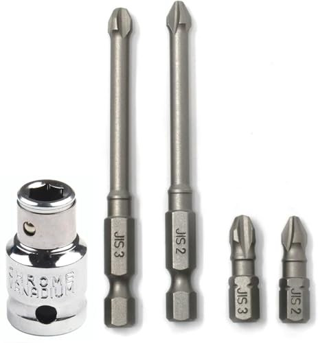 RW 0059-005/007 JIS (Japanese Industrial Standard) (4) Screwdriver Impact Bits + 3/8 Inch Socket Adapter #2#3 Standard & Long 1/4 Inch