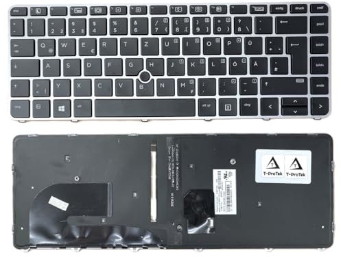 T-ProTek Teclado – Color: Negro – con marco plateado – con barra de ratón – con iluminación Distribución de teclado alemana compatible con HP EliteBook 840 G4