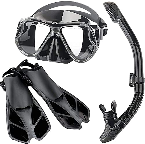 Taucherbrille, Schnorchelset, Taucherbrille aus gehärtetem Glas für Erwachsene, Flossen, Schnorchelmaske, vollständig trockener Schnorchel, dreiteiliger Anzug