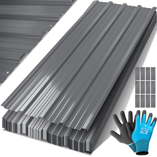 KESSER® 12x Profilblech Trapezblech 129cm x 45cm = 7 m² - Dachblech für Gerätehaus, Dachplatten Verzinkter Stahl 0,25mm, inkl. 100 Schrauben + Unterlegscheiben & Montagehandschuhe, Grau