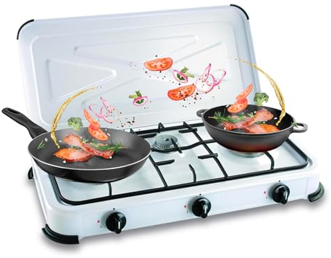 Avilia Fornello a Gas 3 Fuochi Fiamma Regolabile con Funzionamento a Gas GPL, Coperchio Antipolvere e Supporto Pentole Smaltato - Metallo1500W, Ideale per Campeggio ed Esterni