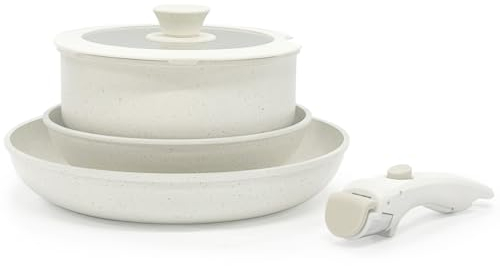 Vkoocy Non Stick Pot and Pan Set with Removable Handle, Ceramic Cookware Set Detachable Handle, 5pcs Induction Kitchen Camping Stackable Pots Pans, Dishwasher/Oven Safe, Cream, PTEF/PFAS/PFOA Free