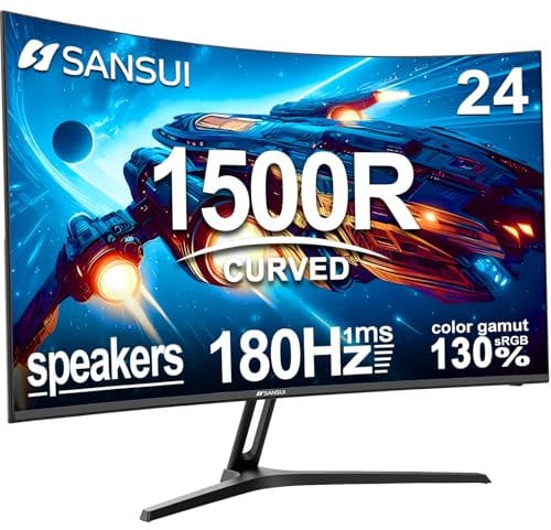 SANSUI Curved Gaming Monitor 24 Inch Up to 180Hz MPRT 1ms with Built-in Speakers Computer Monitor FHD 1080P Freesync 130% sRGB HDR, HDMI DP Ports VESA Mount Bracket