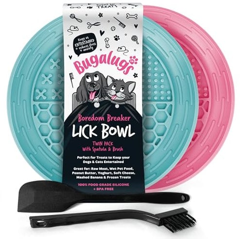 Bugalugs Dog Mat Bowl Lick Mats For Dogs, 100% Food Grade Cat Food Mat & Licky Mats For Dogs - Lick Mat Bowl Reduce Stress & Anxiety, 2x Pet Food Mat Bowl, Spatula & Brush (Pink & Blue)