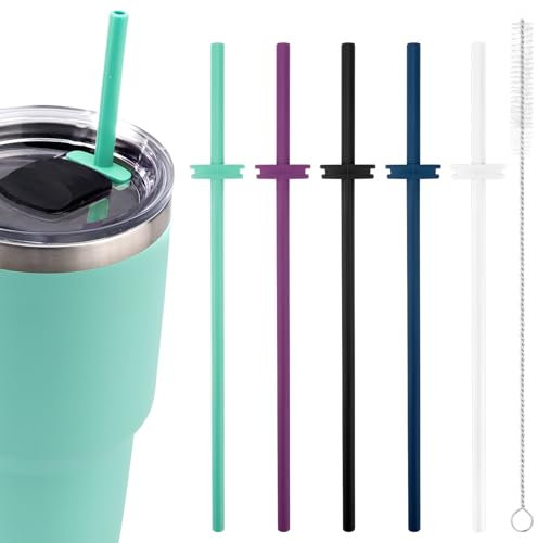 PEUTIER 5 Stk Silikon Strohhalme, 5 Farben, Freigeschnitten, Reinigungspinsel, Kompatibel mit Yeti Glas mit Magslider Deckel