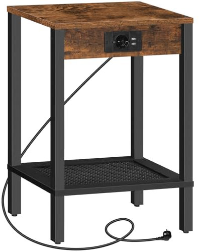HOOBRO Beistelltisch mit Ladestation, Nachttisch mit Steckdose und 2 USB-Anschlüssen, 2-stufiger Beistelltisch, für kleine Räume, Schlafzimmer, Wohnzimmer, Vintagebraun und Schwarz EBF91CBZ01
