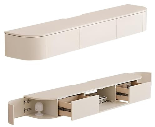 HCBHG Floating Tv Stand with Led Lights, Solid Wood Multi-functional Wall Mount Tv Cabinet, Large Capacity Floating Media Console, for Living Room(White)