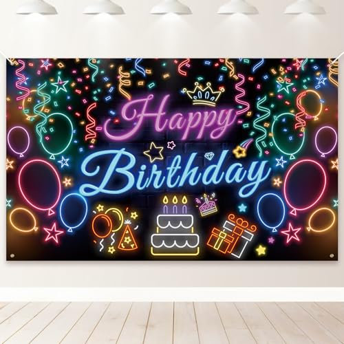 PartyYaa Pancarta de cumpleaños, pancarta de feliz cumpleaños, decoración para niños, extragrande, para fiestas de cumpleaños, fondo decorativo, cartel decorativo para niñas y niños (negro neón)