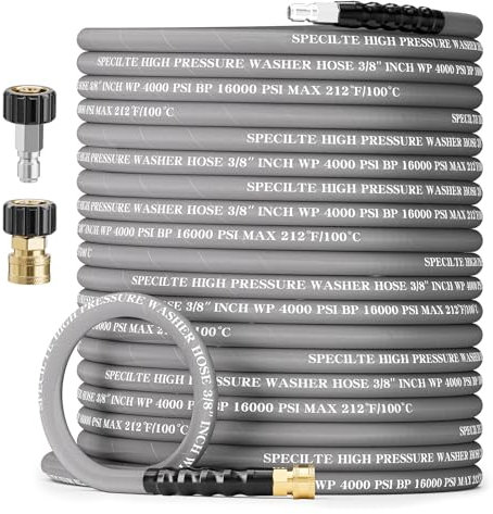 SPECILITE 50FT×3/8 Pressure Washer Hose for Hot & Cold Water Max 212℉, 4000 PSI High Durability Steel Braided Layer Power Washer Hoses with 2 M22-14mm QC Adapters, Heavy Duty and Kink Resistant