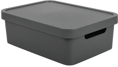 Jolie Max Plastic Storage Box with Lid, 19L Solid Matte Colour, Decorative Design with Handle, Stackable & Nestable Space-Saving Organizer for Home, Office – 45.5 x 33.5 x 15.5 cm (DARK GREY)
