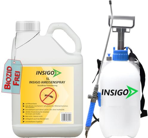 INSIGO Ameisen Abwehrspray 5L + 5L Drucksprüher - Ameisenmittel mit mechanischer Wirkung auf Ameisen - Effektiver Schutz für Haus & Garten - Ameisen Spray mit Sofortwirkung