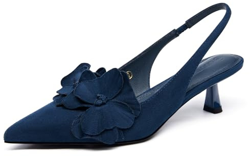 Coutgo Womens Slingback Kitten Heels Flower Closed Pointed Toe Pumps Wedding Party Dress Sandals Shoes, Navy Blue, Size 8.5