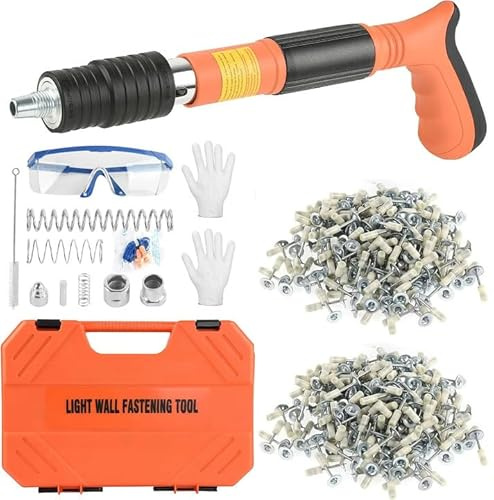 Beton, pistola a chiodo manuale con 5 velocità, chiodatrice rivetto pistola con 200 chiodi rotondi, mini pistola per unghie portatile per pareti in cemento, legno, soffitto, casa (arancione)