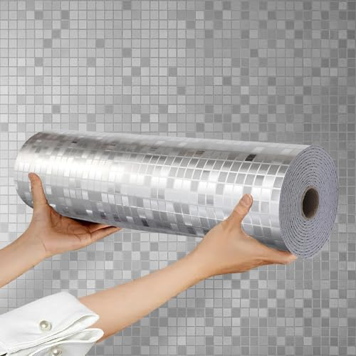 Takezuaa 3D Mosaic Self Adhesive Wallpaper 2.2mm Thick Vinyl Silver Mosaic Metallic Peel and Stick Wallpaper Mirror Reflective Texture for Bathroom Kitchen Splashback Spa Decor 1Roll 300x40cm