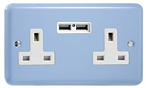 Varilight 2-Gang 13A Unswitched Socket + 2x5V DC 2100mA USB Charging Ports Duck Egg Blue