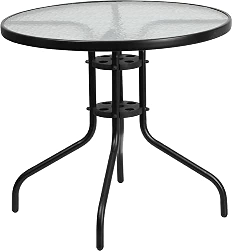 Flash Furniture 31.5RD-Mesa de Cristal para Patio, Aleación de Vidrio de plástico y Acero, Transparente y Negro, 31.5 Round