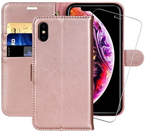 MONASAY iPhone XS Wallet Case/iPhone X Wallet Case,5.8-inch [Glass Screen Protector Included] Flip Folio Leather Cell Phone Cover with Credit Card Holder for Apple iPhone XS/X,Rose Gold