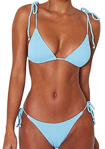 CheChury Femmes Maillot De Bain Deux pièces Ficelle de Cravate Halter Bikini Rembourré Réglable Triangle Bikini Classique Push-Up Brésilien,Bleu,XL