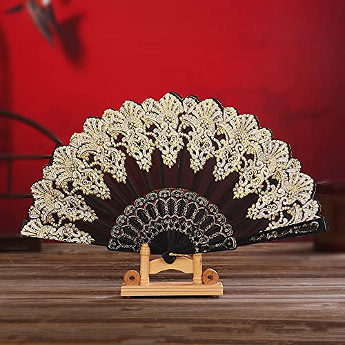 Handfächer Stofffächer,Vintage Faltfächer Chinesischer Stoff Fächer Faltfächer für Abkühlung im Sommer Hochzeit Geschenk Muttertag Party Kostüm Halloween Karneval Fasching Tanzen Hand Fan,Schwarz