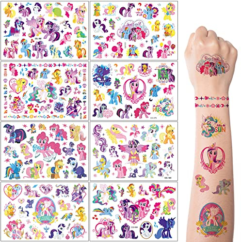 Tattoo Kinder, 8 Blätter My Little Pony Einhorn Temporäre Tattoo Aufkleber Set für Mädchen Jungen Kindertattoos Wasserdicht für Geburtstagsgeschenke Kindergeburtstag Mitgebsel Festival Party Deko