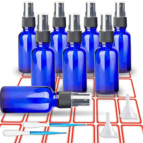 TUAKIMCE 8x30ml Glas Sprühflasche Leere Zerstäuber Parfümzerstäuber Glas Sprühflasche für ätherische Öle, Wasser, Reiseflüssigkeit,Sprühflasche Set mit Trichter und Etikettenaufkleber(Blau)