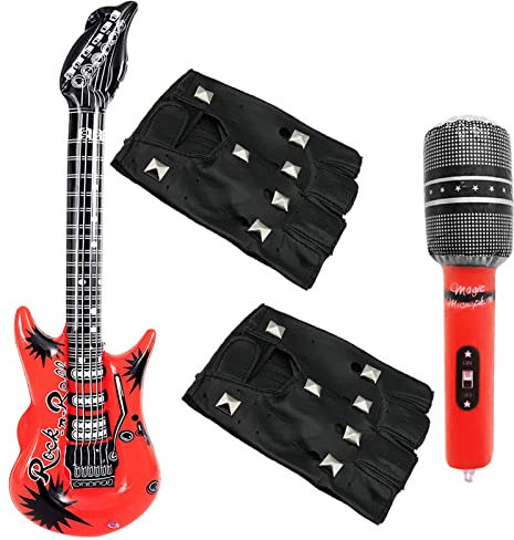 3Pcs Punk Rocker Party Kit, Large Red Inflatable Guitar Microphone Blow Up Guitar Punk Rocker Gloves Punk Rockstar Fancy Dress Kids Boys 70S 80S 90S Heavy Metal Disco Costume Accessories for Men Women