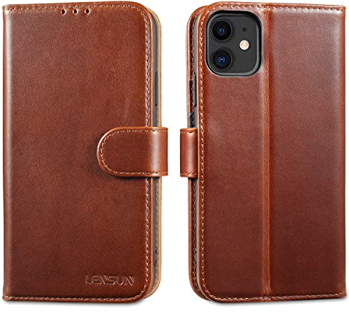 LENSUN Echtleder Hülle für iPhone 11, Handyhülle [Echtes Leder][Magnetverschluss][RFID Schutz] Handytasche Lederhülle Klappbar für iPhone 11 6,1 Zoll- Dunkelbraun