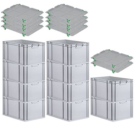 PROREGAL SparSet 10x Eurobox NextGen Grip mit Auflagedeckel & 4 grünen Schiebeschnappverschlüssen, HxBxT 32x40x60cm, 65 L, Grau, Griffe geschlossen, Eurobehälter, Transportbox