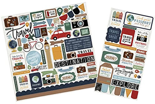 Reiseaufkleber für Scrapbooking – Reise-Scrapbook Spanplatte für Tagebuch, Planer, Fotoalbum, Tagebuch, Urlaubs-Aufkleber-Set enthält Sätze, Gepäck, Globus, Kamera-Designs, 2 Stück