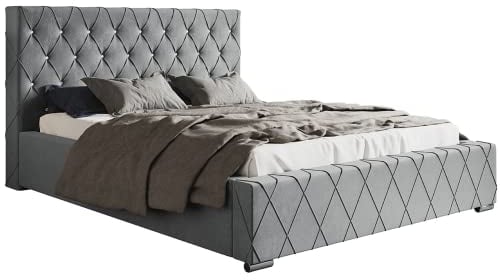 MOTIVENA Niko Polsterbett 160x200 mit Bettkasten, Bett 160x200 mit Lattenrost, Bett 160x200 mit Stauraum, Stauraumbett 160x200, mit Kopfteil, mit Strasssteinen, ohne Matratze, Samt, Grau
