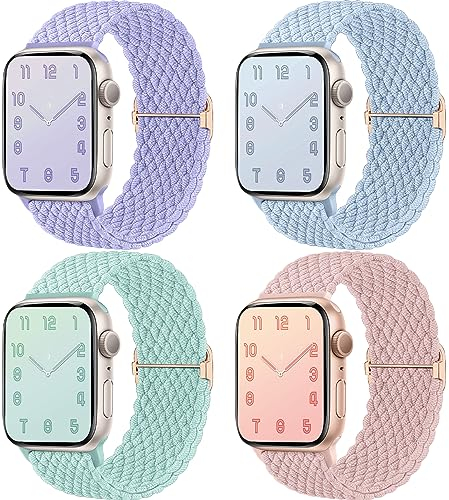 Mastten 4 Pack Solo Loop Braided Straps Compatible with Apple Watch Straps 42mm 41mm 40mm 38mm 44mm 45mm 46mm 49mm Women Men, Stretchy Strap Elastic Sport Band for iWatch SE 10 9 8 7 6 5 4 3 2 1 Ultra