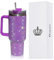 Buyso Glitzer-Becher mit Griff, Strasssteine, Becher mit Deckel und Strohhalm, isoliert, Edelstahl, doppelwandig, Wasserbecher, Reisebecher für Damen, 1,2 l, Violett