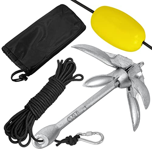 ACXIN Verzinkt Anker, 1,5 kg Faltbar Ankerset mit 10m Ankerleine, Bootsanker Tragbares für Boot, Schlauchboot, SUP, Kajak, Kanu (Silber)