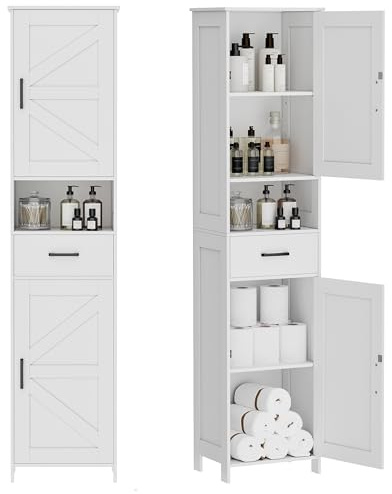 Homhedy 67 H Tall Bathroom Storage Cabinet with 2 Barn Doors and 1 Drawer, Narrow Storage Unit, Adjustable Shelves, Floor Cabinet for Bathroom, Living Room, Entryway, Kitchen, White, (15.7 W)