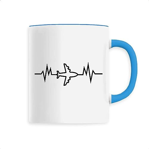 Mug Avion heartbeat - Imprimé en France - Tasse originale en céramique - Cadeau Anniversaire Aviation original rigolo (Bleu)