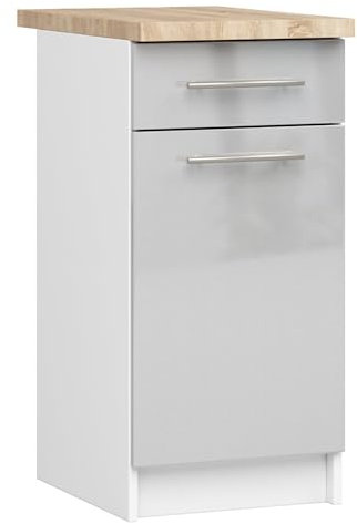 AKORD | Küchenschrank mit Arbeitsplatte - Oliwia S40 | Küchenunterschrank mit Tür, Schublade und 2 Einlegeböden | Unterschrank Küche 40 cm Breit | ABS-Kante 18 mm | 46x40x85 cm | Weiß | Metallic-Glanz