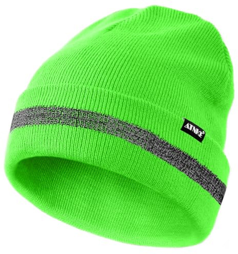 ATNKE Reflektierende Mützen Sicherheits-Thermo-Strickmütze mit hoher Sichtbarkeit für den Winter mit reflektierendem Streifen Geeigneter Outdoor-Arbeitssport
