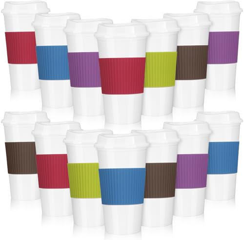 FillTouch 15 Pieces Reusable Coffee Cups with Lids and Non Slip Sleeves, 16 oz Insulated Reusable Hot Cups Bulk Travel Coffee Mugs Plastic Tumblers Cup with Lids for Hot Cold Drinks(Bright Color)