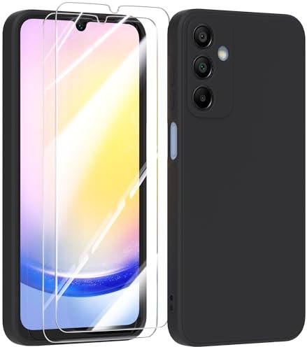 MIKULLE Silicone Coque pour Samsung Galaxy A25 5G avec 2 Verre trempé Protection écran,Couleur Pastel Ultra-Mince Souple en TPU en Silicone Antichoc Bumper Housse - Noir